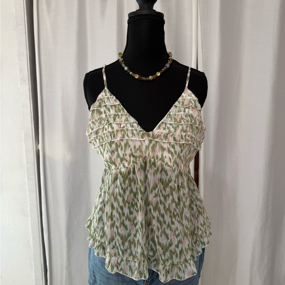 Green and White Women's Ruffle Top